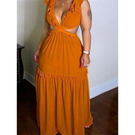 Szín: narancssárga XL - Női buliruhák 2022-es szexi V nyakú Hoolow Out Magas derekú Bandage Elegáns Maxi ruha S-2xl