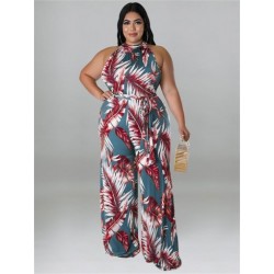 Szín: szürke 4XL - Nagy méretű női jumpsuit övvel Nyári ruhák Nyomtatott ujjatlan, széles lábú irodai női body