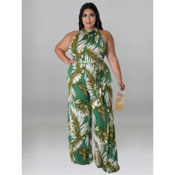 Szín: zöld 4XL - Nagy méretű női jumpsuit övvel Nyári ruhák Nyomtatott ujjatlan, széles lábú irodai női body