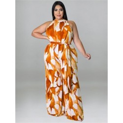 Szín: narancs 4XL - Nagy méretű női jumpsuit övvel Nyári ruhák Nyomtatott ujjatlan, széles lábú irodai női body