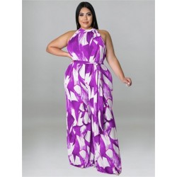 Szín: lila 4XL - Nagy méretű női jumpsuit övvel Nyári ruhák Nyomtatott ujjatlan, széles lábú irodai női body