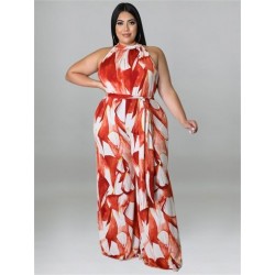 Szín: piros 4XL - Nagy méretű női jumpsuit övvel Nyári ruhák Nyomtatott ujjatlan, széles lábú irodai női body
