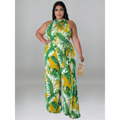 Szín: sárga 4XL - Nagy méretű női jumpsuit övvel Nyári ruhák Nyomtatott ujjatlan, széles lábú irodai női body