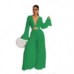 Szín: zöld L - Kétrészes ruhák női nyári ruhák tömör rakott ing felső és nadrág szettek széles szárú divat