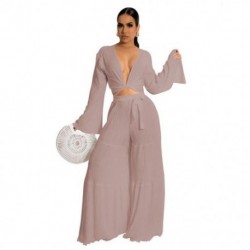 Szín: Khaki L - Kétrészes ruhák női nyári ruhák tömör rakott ing felső és nadrág szettek széles szárú divat