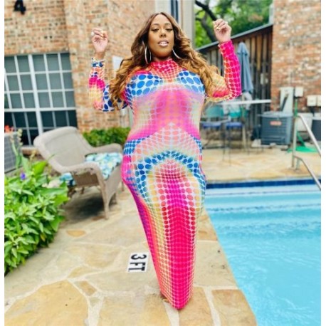 Szín: MULTI 5XL - 5xl nagyméretű női ruha szexi Bodycon sztreccs mintás ruhák őszi maxi hosszú ujjú ruhák divat 2021