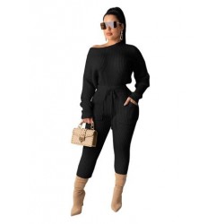 Szín: fekete L - női pulóverek Kétrészes Outfit Izzasztó öltöny Crop Top zseb leggings kötött tréningruha Téli