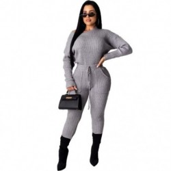 Szín: szürke L - női pulóverek Kétrészes Outfit Izzasztó öltöny Crop Top zseb leggings kötött tréningruha Téli