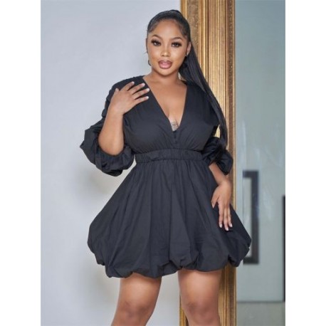 Szín: fekete L - Női ruhák Mély, V nyakú, édes, elegáns, elasztikus derékrésszel, nagy szegélyű Midi ruha Divatparti