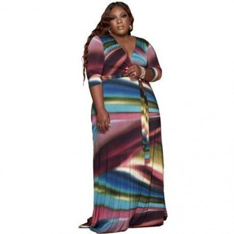 Szín: MULTI 4XL - Nagy méretű női ruhák őszi ruházat Elegáns V nyakú divatmintás hosszú ujjú, szárnyas Maxi ruha