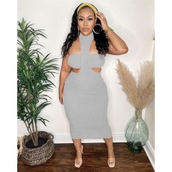 Szín: ezüst L - Női ruhák melltartóval S-2xl Nyári gombkötés Leopárd tömör bordázott maxi ruha alkalmi