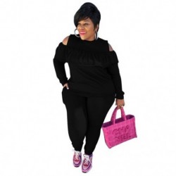 Szín: fekete XL - Nagy méretű női ruházat szolid sport divat alkalmi kétrészes készletek vájt felsők zsebnadrág