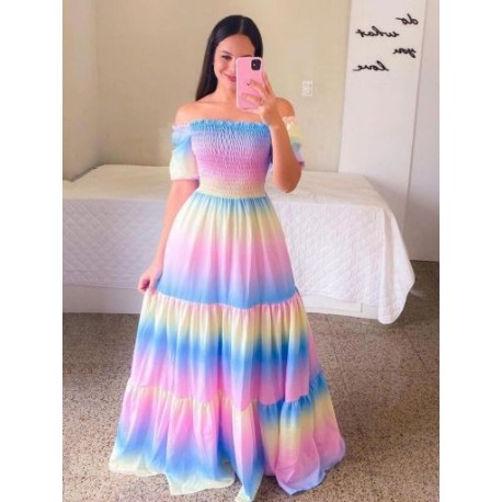 Szín: színes XL - Női ruhák Nyári Holdiay Slash nyakú virágmintás sifon rugalmas derékruha