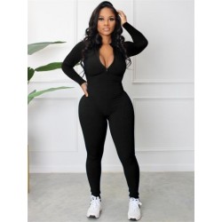 Szín: fekete L - Női Jumpsuit, őszi cipzáras, hosszú ujjú, tömör alkalmi sport, egyrészes, sztreccs test