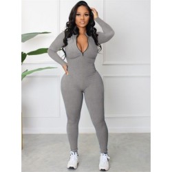 Szín: szürke L - Jumpsuit, női őszi cipzáras, hosszú ujjú, tömör alkalmi sport, egyrészes sztreccs test