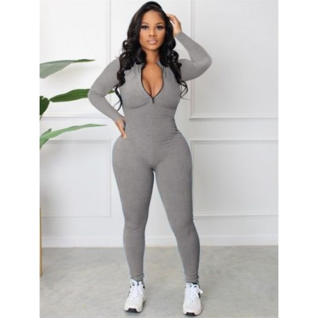 Szín: szürke L - Jumpsuit, női őszi cipzáras, hosszú ujjú, tömör alkalmi sport, egyrészes sztreccs test