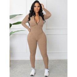 Szín: Khaki L - Női Jumpsuit, őszi cipzáras, hosszú ujjú, tömör alkalmi sport, egyrészes, sztreccs test