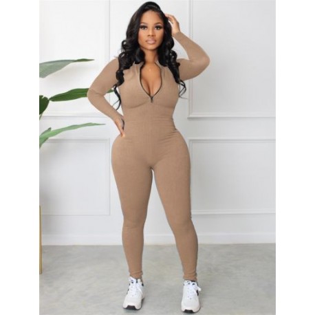 Szín: Khaki L - Női Jumpsuit, őszi cipzáras, hosszú ujjú, tömör alkalmi sport, egyrészes, sztreccs test