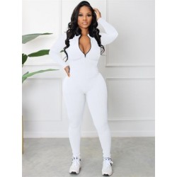 Szín: fehér L - Jumpsuit, női őszi cipzáras, hosszú ujjú, tömör alkalmi sport, egyrészes sztreccs test