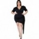 Szín: fekete XXXL - Nagy méretű női ruha, divatos szexi, tömör V nyakú Bodycon Stretch Bandage Belt Puff ujjú új mini