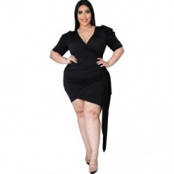 Szín: fekete XXXL - Nagy méretű női ruha, divatos szexi, tömör V nyakú Bodycon Stretch Bandage Belt Puff ujjú új mini