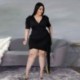 Szín: fekete XXXL - Nagy méretű női ruha, divatos szexi, tömör V nyakú Bodycon Stretch Bandage Belt Puff ujjú új mini