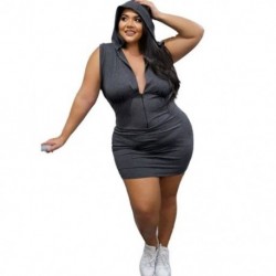 Szín: szürke 5XL - Nagy méretű S-4XL ruha női kapucnis kapucnis cipzárral felhúzható Solid Bodycon alkalmi ruhák nyári