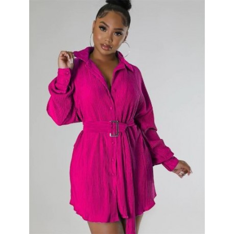 Szín: Rose Red XL - Női ruha övvel Őszi ruhák Bordás hosszú ujjú ing Alkalmi divat Utcai ruházat Mini ruha