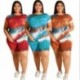 Szín: kék L - S-5xl Nagy méretű készletek Nyakkendőfesték kétrészes szett Női póló Crop Top rövidnadrág Elasztikus
