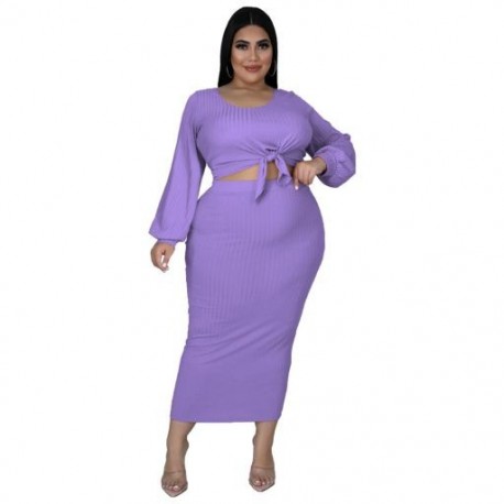 Szín: lila XXXL - Nagy méretű női ruházat kötött bordázott 2 részes fűzős rövid Bodycon szoknyák készletek