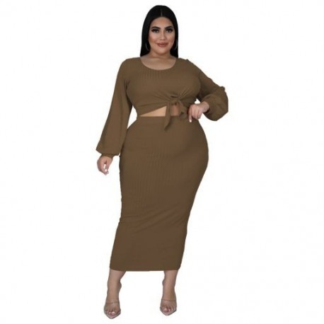 Szín: barna XXXL - Nagy méretű női ruházat kötött bordázott 2 részes fűzős rövid Bodycon szoknyák készletek