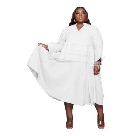 Szín: fehér XXXL - Új őszi ingruhák női nagy méretű ruhák alkalmi laza, nagy szegélyű V nyakú, összehajtható maxi