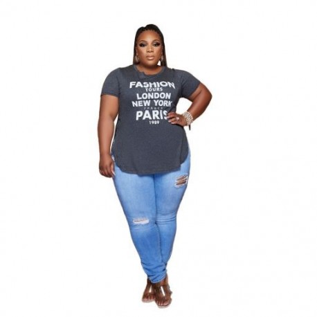 Szín: szürke 4XL - Nyári nagy méretű L-5xl felsők Női ingek betűkkel nyomtatott laza hétköznapi normál poliészter