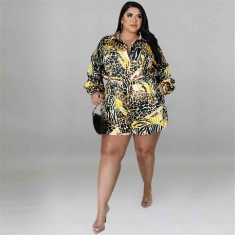 Szín: sárga 4XL - Nagy méretű, nyári női jumpsuit, egy darabból nyomtatott, fűzős, rugalmas derékú, alkalmi Body Hot