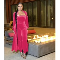 Szín: rózsa vörös -2 XXL - 2 részes női ruhák bársonyhoz illő szett pánt nélküli jumpduit és hosszú kabát szexi