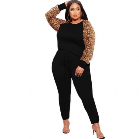 Szín: fekete 5XL - Nagy méretű készletek 2 részes ruhák női őszi ruhák melegítő ruha tréningruha Leopard Patchwork