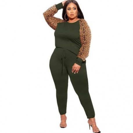 Szín: zöld 5XL - Nagy méretű készletek 2 részes ruhák női őszi ruhák melegítő ruha tréningruha Leopard Patchwork
