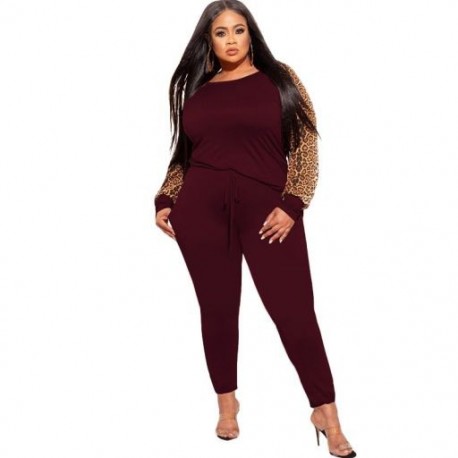Szín: piros 5XL - Nagy méretű készletek 2 részes ruhák női őszi ruhák melegítő ruha tréningruha Leopard Patchwork
