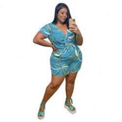 Szín: kék XXXL - Nagy méretű játszóruha nyári jumpsuit Női tömör V nyakú, széles lábú, alkalmi utcai viselet, egy