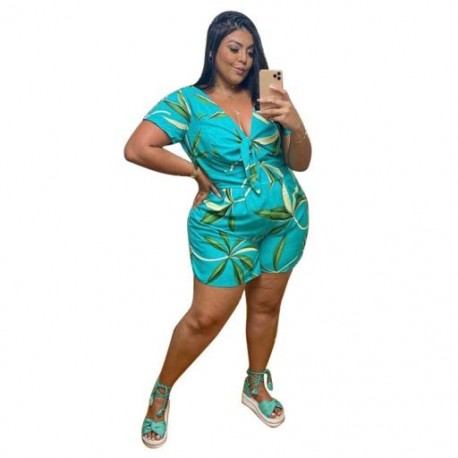 Szín: zöld XXXL - Nagy méretű játszóruha nyári jumpsuit Női tömör V nyakú, széles lábú, alkalmi utcai viselet, egy
