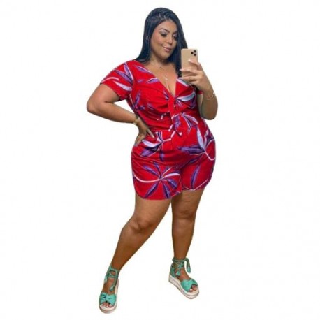 Szín: piros XXXL - Nagy méretű játszóruha nyári jumpsuit Női tömör V nyakú, széles lábú, alkalmi utcai viselet, egy