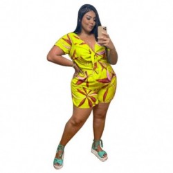 Szín: sárga XXXL - Nagy méretű játszóruha nyári jumpsuit Női tömör V nyakú, széles lábú, alkalmi utcai viselet,
