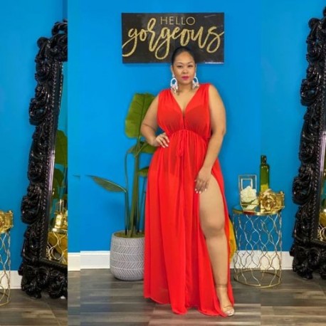 Szín: Piros XL - Nagy méretű női ruha jumpsuite nélkül, belül elegáns szexi, ujjatlan csúszószegélyű hálós maxi