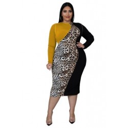 Szín: sárga 4XL - Női nagy méretű ruhák Vintage elegáns leopárd patchwork Bodycon Stretch maxi ruha, hosszú ujjú 2022