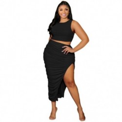 Szín: fekete XXXL - Nagy méretű női ruha 3XL 4XL ruha szettek kétrészes szett Draped szoknyák Crop top Slip Hem divat