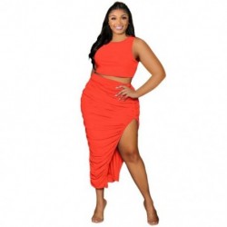 Szín: narancssárga XXXL - Nagy méretű női ruha 3XL 4XL ruha szettek kétrészes szett Draped szoknyák Crop top Slip Hem