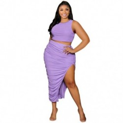 Szín: lila XXXL - Nagy méretű női ruha 3XL 4XL ruha szettek kétrészes szett Draped szoknyák Crop top Slip Hem divat