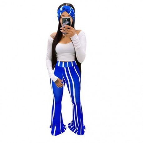 Szín: kék csíkos L - 3 részes szettek Női felszerelés Bodycon illeszkedő szett Crop Top kiszélesedő nadrág Sál