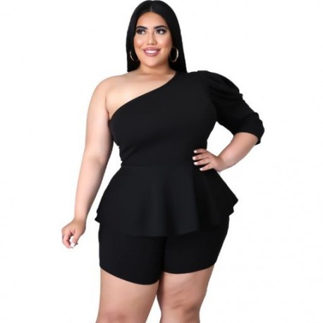 Szín: fekete XXL - Női ruházat 3xl 4xl Nagy méretű rövidnadrág szett kétrészes szett Szexi egy váll Solid Office Lady