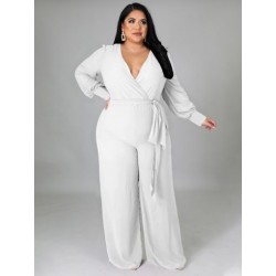 Szín: fehér 4XL - Nagy méretű női ruhák jumpsuit őszi ruhák tömör szexi V nyakú irodai női nadrág széles láb 2022